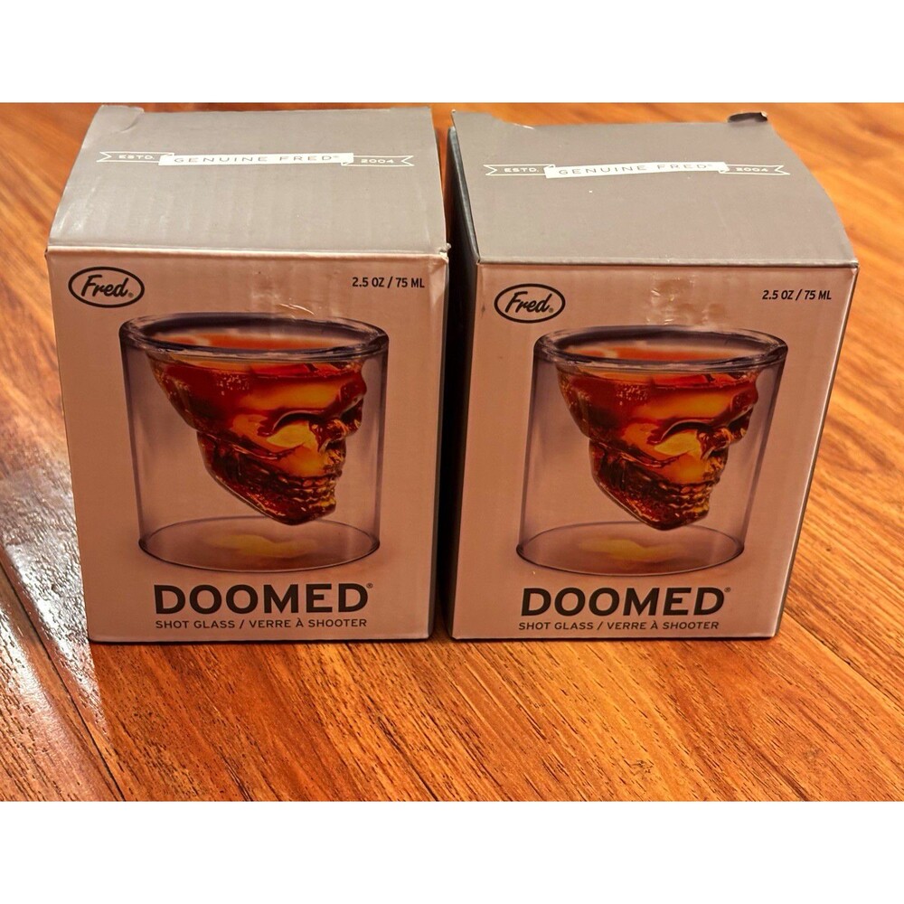 Goth Creepy Fred DOOMED Skull Shot Glass Set of 2, 2.5 oz Clear Glass Halloween